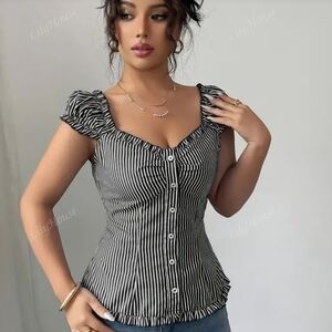 Black and White Striped Off-Shoulder Top